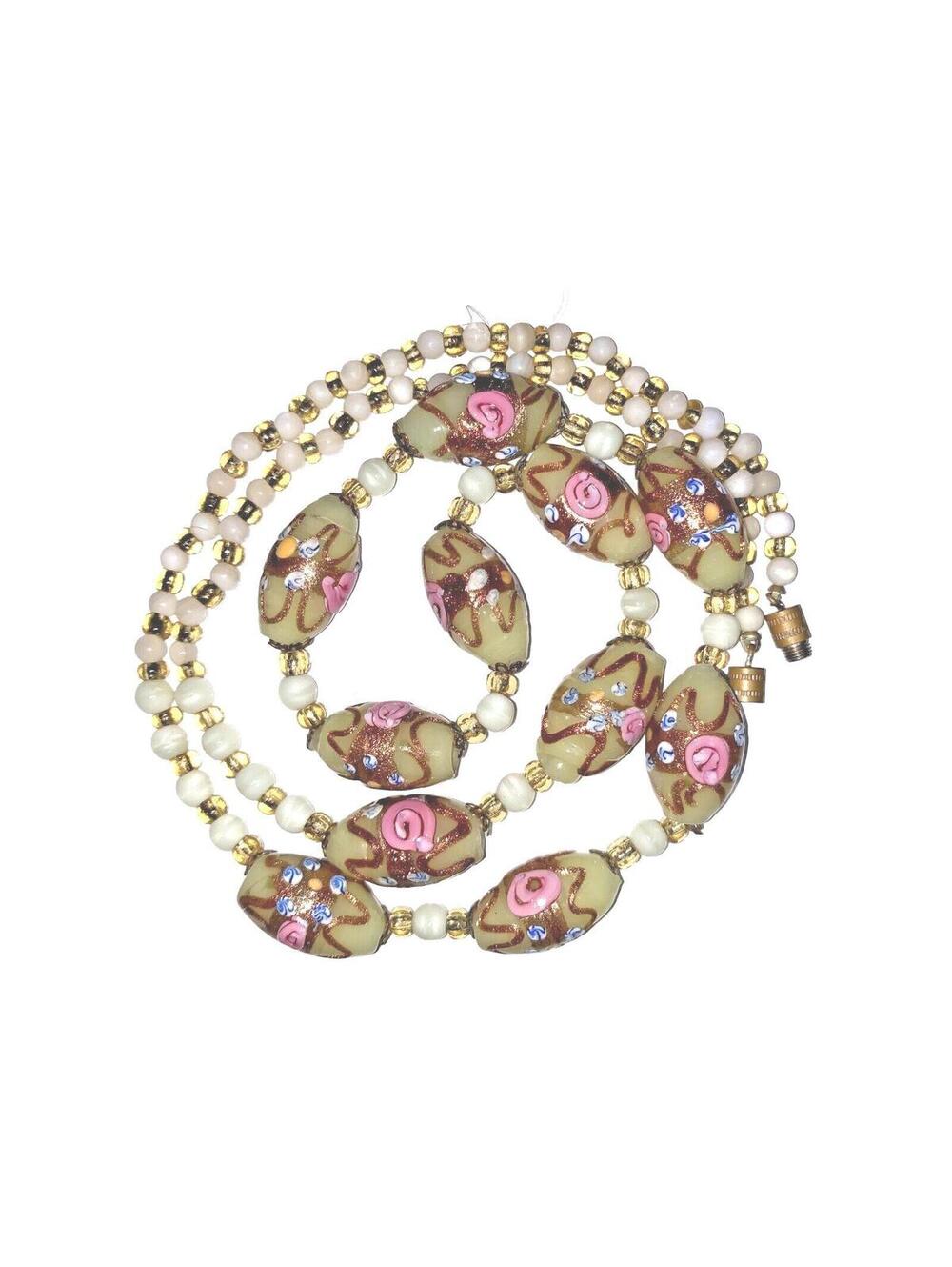 1950s Venetian Murano Art Glass Necklace – Handpainted Italian Floral Beads